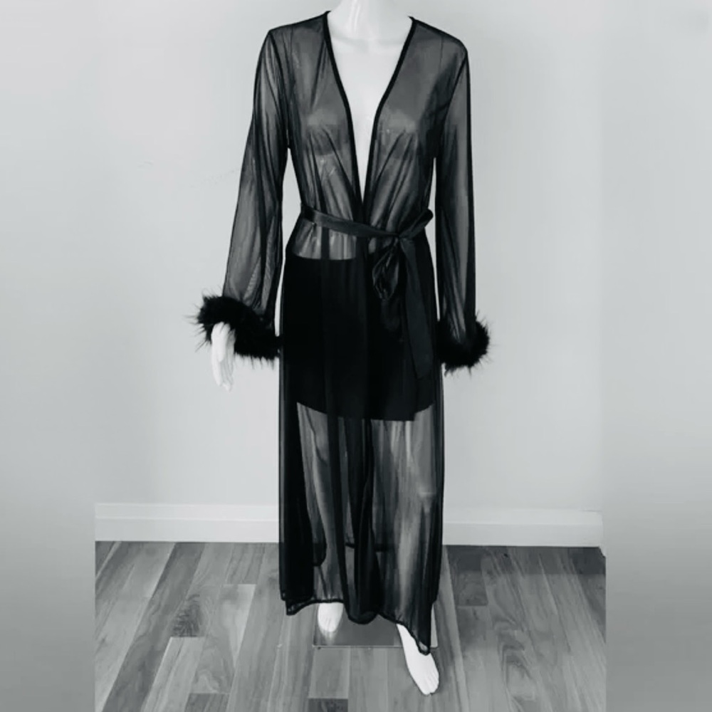Rokoko Black Maxi Sheer Mesh kimono duster robe faux fur Lingerie elegant Goth M